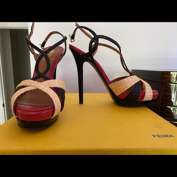 FENDI Platform Strap Sandals, SZ 37, black and Red